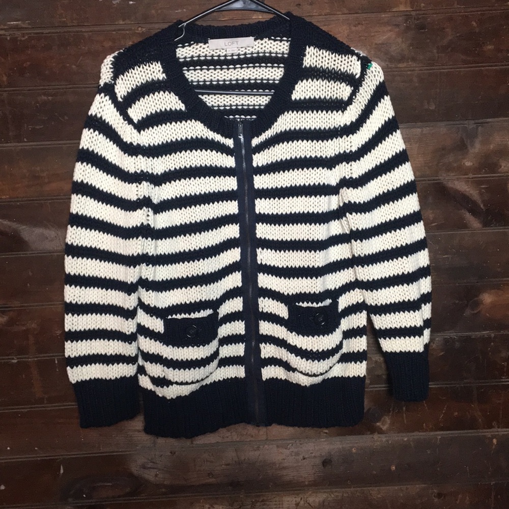 100% Cotton Loft white and navy striped zip up
